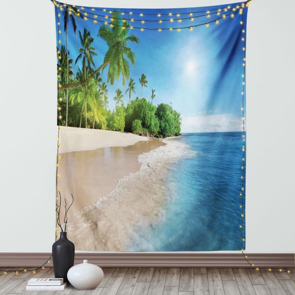 Abakuhaus Arazzo Blu, Palme Tropicali Dell'oceano Sulla Spiaggia Di Sunny Island, Immagine Panoramica, Soggiorno, Camera Da Letto, Tessuto In Raso Setoso, 150 X 200 Cm, Verde, Bianco, Blu-image