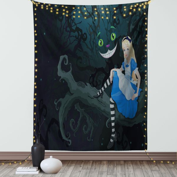 Abakuhaus Alice Nel Paese Delle Meraviglie Arazzo, Alice E Il Gatto Del Cheshire Nell'oscurità Stampa Digitale In Stile Caricaturale, Soggiorno Camera Da Letto Tela Da Parete In Raso Setoso, 150 X 200 Cm, Multicolore-image