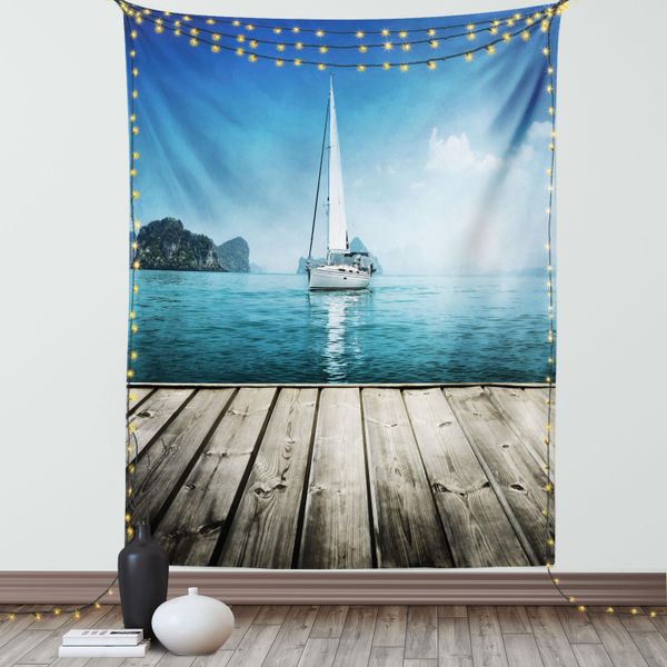 Abakuhaus Arazzo Nautico, Yacht Con Ponte In Legno Horizon Serenity Seascape Tema Acquatico E Costiero, Soggiorno Camera Da Letto Arazzo In Raso Setoso, 100 X 150 Cm, Marrone Blu-image
