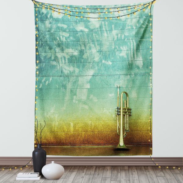 Abakuhaus Arazzo Musicale, Arte Moderna Tromba Strumenti Musicali Orchestra Grunge Parete Jazz Tema Foto Motivo, Soggiorno Camera Da Letto Satinato Setoso Tela Da Parete, 150 X 200 Cm, Verde Marrone-image