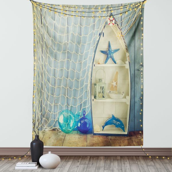 Abakuhaus Arazzo Nautico, Barca Nautica, Contro Il Muro, Altre Immagini Preferite Acqua Mare, Soggiorno Camera Da Letto Arazzo In Raso Setoso, 150 X 200 Cm, Beige Blu-image