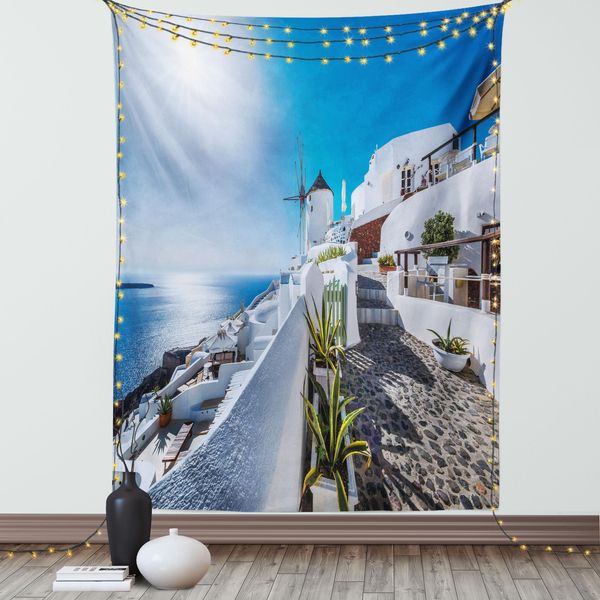 Abakuhaus Arazzo Estivo, Antico Villaggio Di Oia Sull'isola Di Santorini In Grecia Con Immagine Del Paesaggio Marino Dell'egeo, Soggiorno Camera Da Letto Tessuto Da Parete In Raso Setoso, 150 X 200 Cm, Blu E Bianco-image