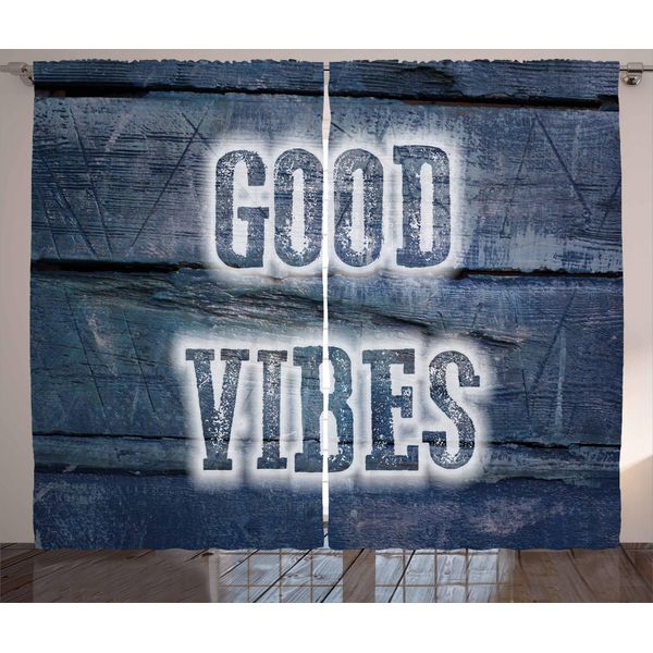 Abakuhaus Good Vibes Tenda Rustica, Parole Su Assi Di Legno, Soggiorno Nastro Universale Tende Con Passanti E Ganci, 280 X 175 Cm, Blu Scuro Bianco-image