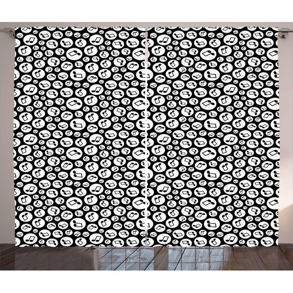 Abakuhaus Musica Tenda Rustica, Fun Note Teli Rotondi, Soggiorno Nastro Universale Tende Con Passanti E Ganci, 280 X 175 Cm, Bianco Nero-image
