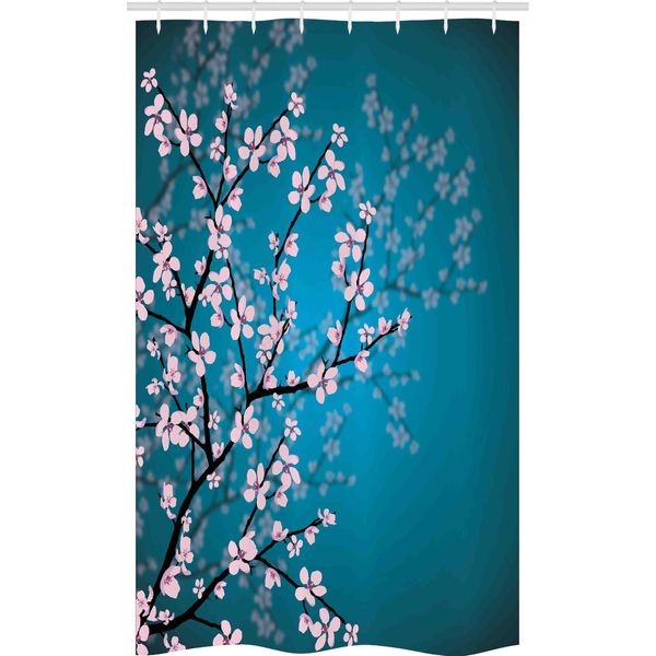 Abakuhaus Giapponese Tenda Da Doccia Stretta, Motivo Sakura Bloom, Set Decorativo Per Bagno In Tessuto Con Ganci, 120 X 180 Cm, Blu Petrolio Rosa Chiaro-image