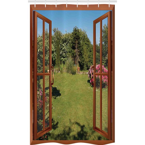 Abakuhaus Tenda Da Doccia Tropicale Stretta, Finestra Sul Cortile Posteriore Freschezza, Set Decorativo Per Bagno In Tessuto Con Ganci, 120 X 180 Cm, Verde Oliva Redwood-image