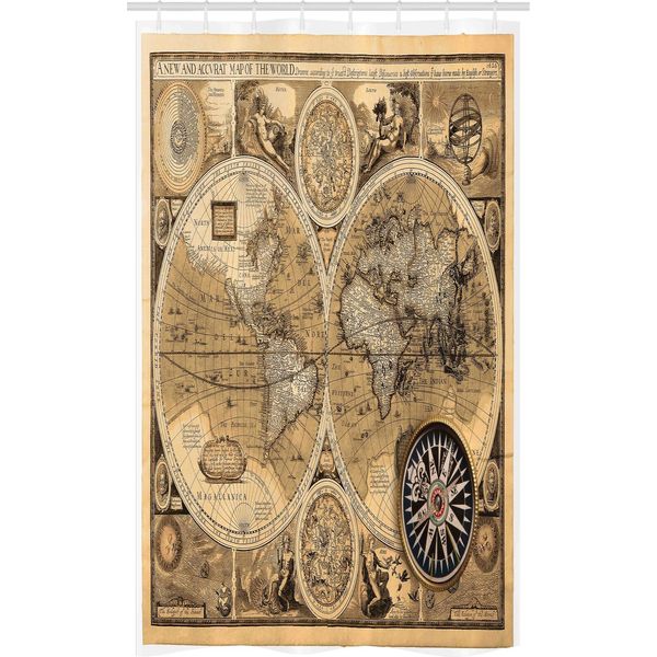Abakuhaus Antico Tenda Da Doccia Stretta, Una Mappa Dettagliata Del Mondo, Set Decorativo Per Bagno In Tessuto Con Ganci, 120 X 180 Cm, Marrone Chiaro Nero Marrone-image