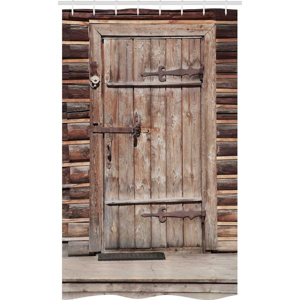 Abakuhaus Tenda Da Doccia Rustica Stretta, Porta In Legno Log House, Set Decorativo Per Bagno In Tessuto Con Ganci, 120 X 180 Cm, Marrone-image