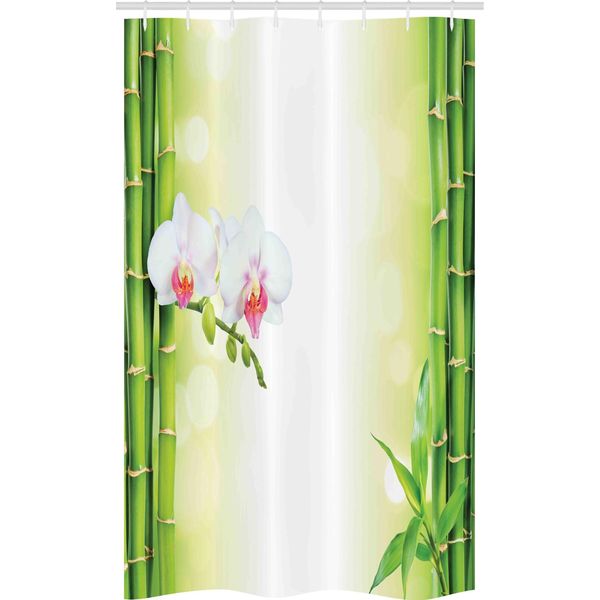 Abakuhaus Spa Tenda Da Doccia Stretta, Orchidee E Rami Di Bambù, Set Decorativo Per Bagno In Tessuto Con Ganci, 120 X 180 Cm, Verde E Bianco-image