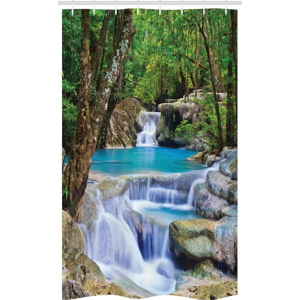 Abakuhaus Tenda Da Doccia Naturale Stretta, Rocce Nel Lago Con Cascata, Set Decorativo Per Bagno In Tessuto Con Ganci, 120 X 180 Cm, Marrone Verde Blu-image