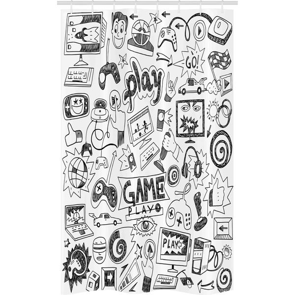 Abakuhaus Videogiochi Tenda Da Doccia Stretta, Stile Sketch Gaming, Set Decorativo Per Bagno In Tessuto Con Ganci, 120 X 180 Cm, Bianco E Nero-image