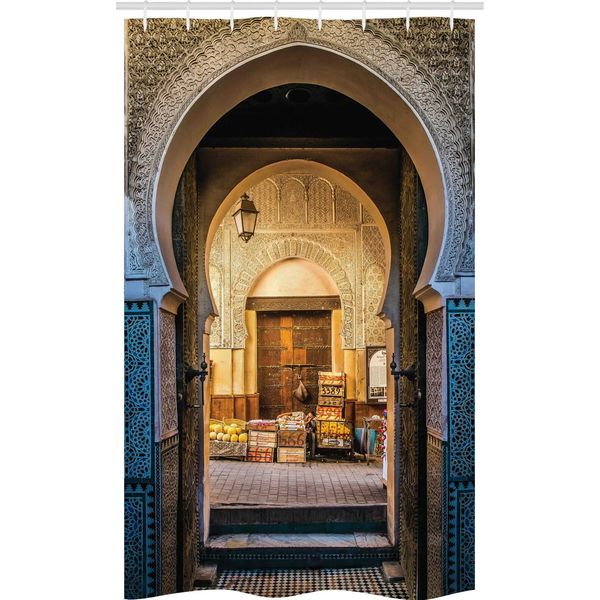 Abakuhaus Tenda Da Doccia Marocchina Stretta, Antico Motivo Marocchino, Set Decorativo Per Bagno In Tessuto Con Ganci, 120 X 180 Cm, Beige E Blu-image