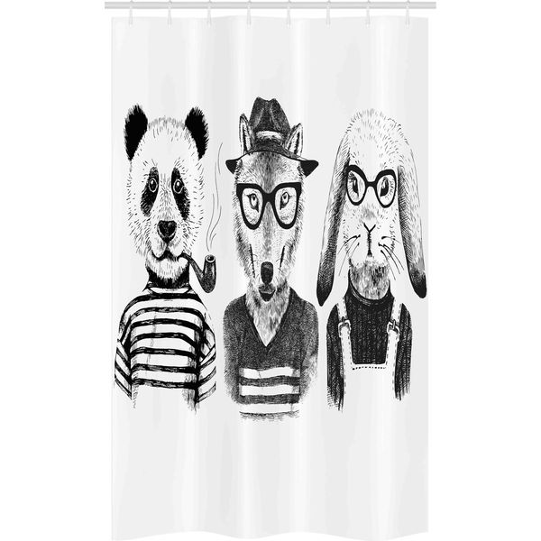Abakuhaus Tenda Da Doccia Stretta Con Animali, Hipster Panda Cigar Fox, Set Decorativo Per Bagno In Tessuto Con Ganci, 120 X 180 Cm, Nero Bianco Grigio-image