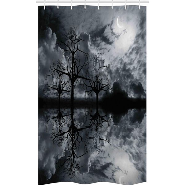 Abakuhaus Paesaggio Tenda Da Doccia Stretta, Alberi Notte Cielo Nuvola, Set Decorativo Per Bagno In Tessuto Con Ganci, 120 X 180 Cm, Nero Bianco Grigio-image