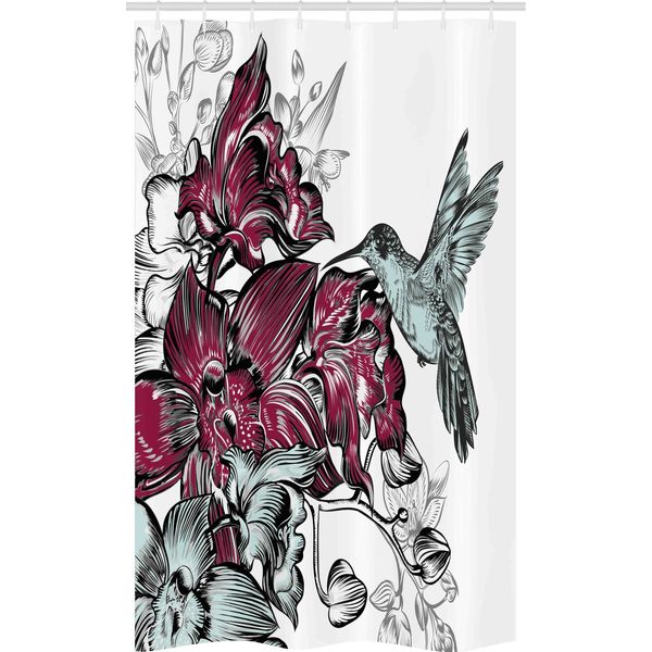 Abakuhaus Tenda Da Doccia Stretta Naturale, Orchidee E Colibrì, Set Decorativo Per Bagno In Tessuto Con Ganci, 120 X 180 Cm, Rosso Bordeaux-image