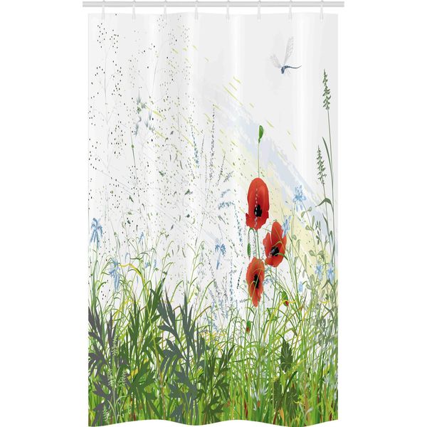 Abakuhaus Tenda Da Doccia Stretta Con Motivi Floreali, Papaveri Rossi E Libellule, Set Decorativo Per Bagno In Tessuto Con Ganci, 120 X 180 Cm, Verde E Rosso-image
