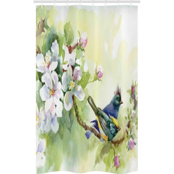 Abakuhaus Tenda Da Doccia Stretta Con Motivi Floreali, Uccelli Acquerellati Primaverili, Set Decorativo Per Bagno In Tessuto Con Ganci, 120 X 180 Cm, Giallo E Verde Reseda-image