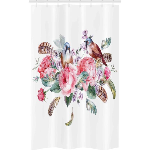 Abakuhaus Tenda Da Doccia Stretta Con Motivi Floreali, Rose Vintage E Uccellini, Set Decorativo Per Bagno In Tessuto Con Ganci, 120 X 180 Cm, Verde Reseda E Rosso Corallo-image