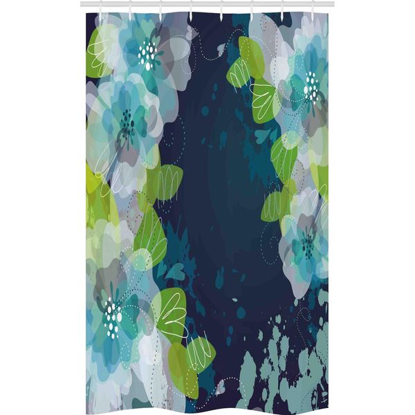 Abakuhaus Tenda Da Doccia Stretta Blu Navy, Fiori Astratti Grunge, Set Decorativo Per Bagno In Tessuto Con Ganci, 120 X 180 Cm, Verde Chiaro Blu Navy-image