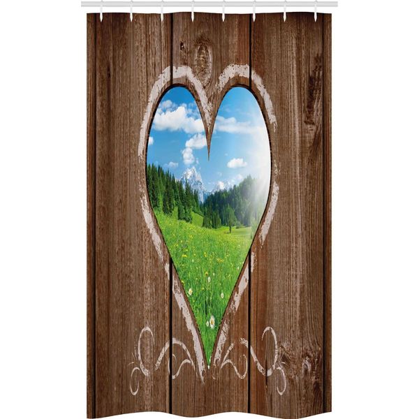 Abakuhaus Tenda Da Doccia Rustica Stretta, Cuore Gessato In Stile Rustico, Set Decorativo Per Bagno In Tessuto Con Ganci, 120 X 180 Cm, Marrone, Blu E Verde-image