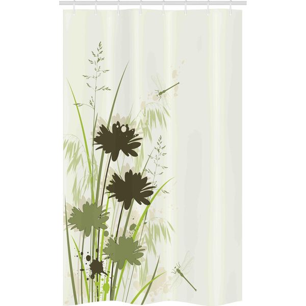 Abakuhaus Tenda Da Doccia Stretta Verde, Fiori, Foglie E Libellule, Set Decorativo Per Bagno In Tessuto Con Ganci, 120 X 180 Cm, Verde Chiaro E Verde Scuro-image