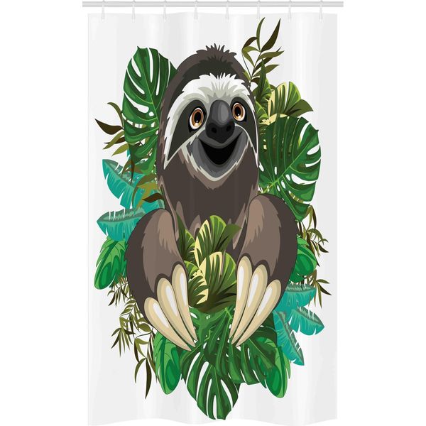Abakuhaus Tenda Da Doccia Stretta Con Motivo Bradipo, Mammifero Della Giungla Dei Cartoni Animati, Set Decorativo Per Bagno In Tessuto Con Ganci, 120 X 180 Cm, Verde Cioccolato Avorio-image