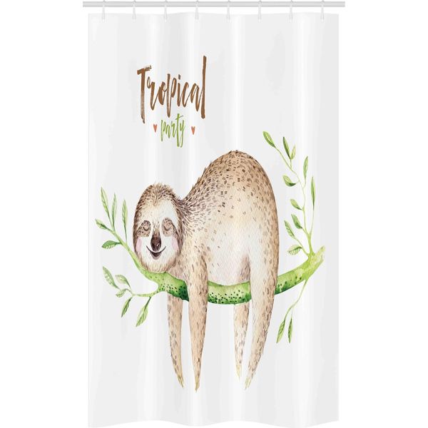 Abakuhaus Tenda Da Doccia Stretta Con Bradipo, Cucciolo Su Palma, Set Decorativo Per Bagno In Tessuto Con Ganci, 120 X 180 Cm, Marrone Chiaro E Verde-image