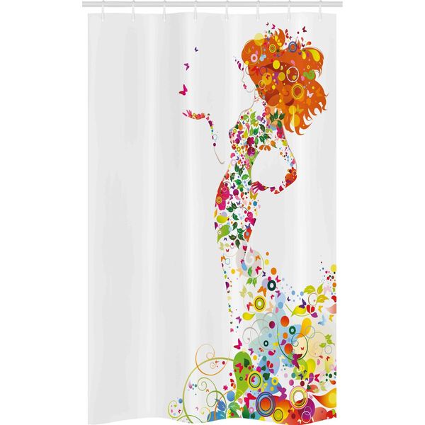 Abakuhaus Tenda Da Doccia Stretta Con Motivi Floreali, Silhouette Femminile Estiva, Set Decorativo Per Bagno In Tessuto Con Ganci, 120 X 180 Cm, Multicolore-image