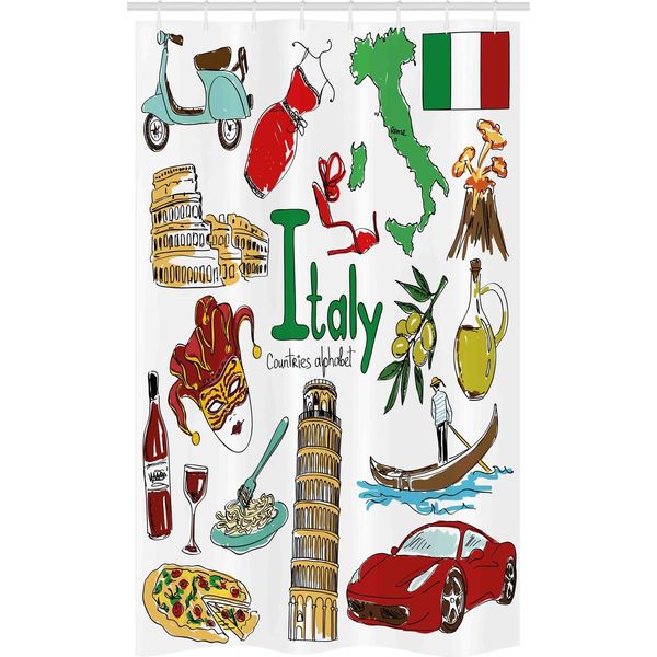 Abakuhaus Italia Tenda Da Doccia Stretta, Divertente Stile Sketch Colorato, Set Decorativo Per Bagno In Tessuto Con Ganci, 120 X 180 Cm, Multicolore-image