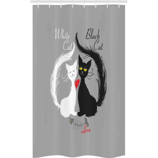 Abakuhaus Tenda Da Doccia Stretta Con Gatto, Paio Fishbone, Set Decorativo Per Bagno In Tessuto Con Ganci, 120 X 180 Cm, Nero Bianco Grigio-image
