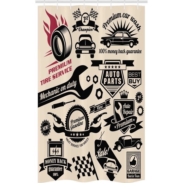 Abakuhaus Tenda Da Doccia Stretta Retrò, Loghi Officina Auto, Set Decorativo Per Bagno In Tessuto Con Ganci, 120 X 180 Cm, Beige Scuro Corallo Nero-image