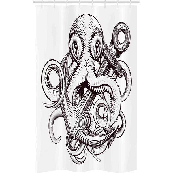 Abakuhaus Anker Tenda Da Doccia Stretta, Disegno Tatuaggio Polipo, Set Decorativo Per Bagno In Tessuto Con Ganci, 120 X 180 Cm, Marrone E Bianco-image