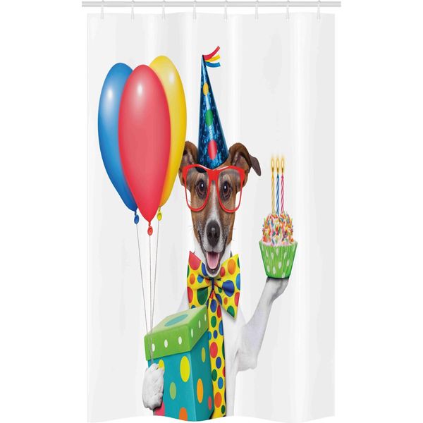 Abakuhaus Tenda Da Doccia Stretta Per Compleanni, Cane E Palloncini, Set Decorativo Per Bagno In Tessuto Con Ganci, 120 X 180 Cm, Multicolore-image