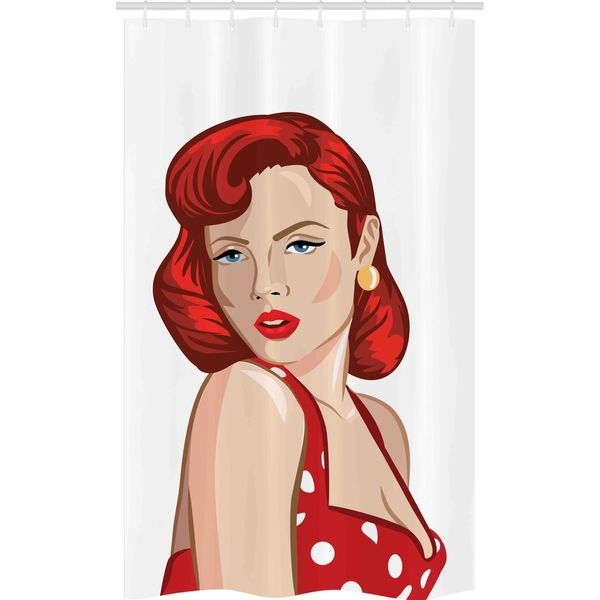Abakuhaus Pin Up Girl Tenda Da Doccia Stretta, Capelli Arricciati Color Zenzero, Set Decorativo Per Bagno In Tessuto Con Ganci, 120 X 180 Cm, Pesca Pallida Scarlatta-image