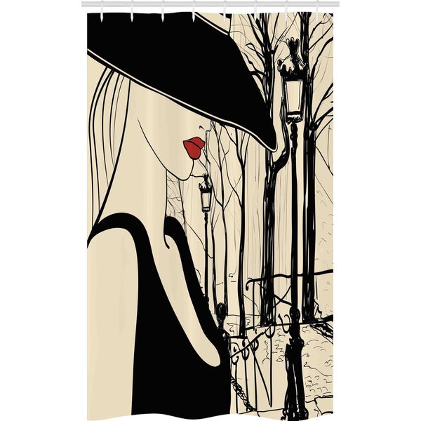 Abakuhaus Paris Tenda Da Doccia Stretta, Donna Europea Montmartre, Set Decorativo Per Bagno In Tessuto Con Ganci, 120 X 180 Cm, Nero, Beige E Rosso-image