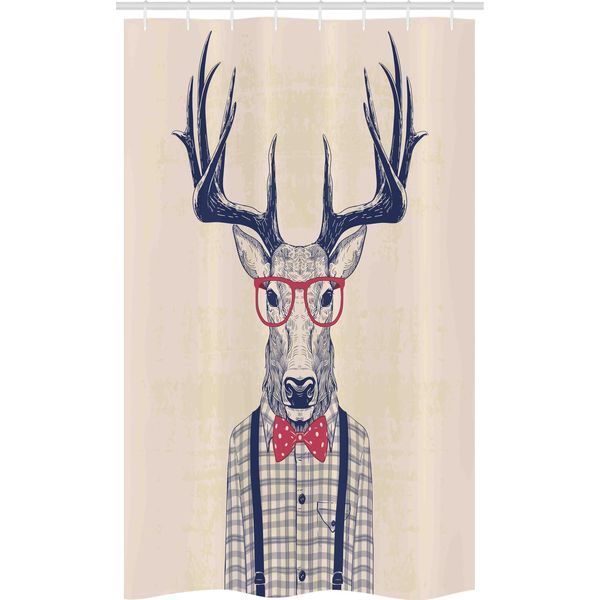 Abakuhaus Tenda Da Doccia Stretta Hipster, Deer Divertente Con Fiocco Jazz, Set Decorativo Per Bagno In Tessuto Con Ganci, 120 X 180 Cm, Indaco Scuro Corallo-image