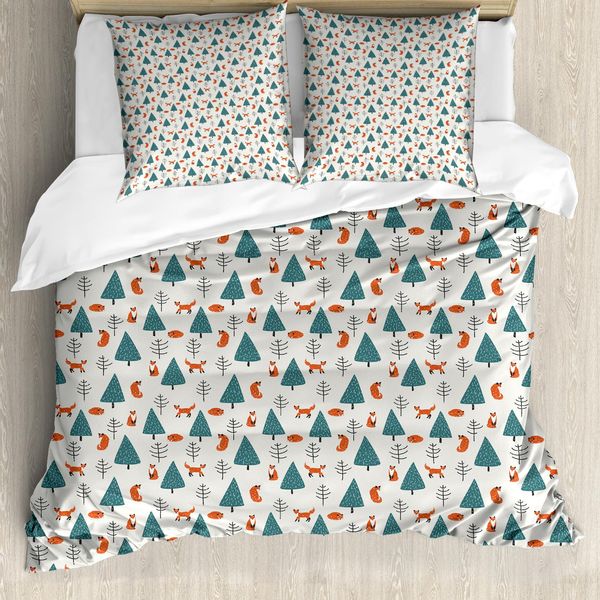 Abakuhaus Copripiumino Fuchs, Inverno Nevoso Nel Bosco, Antiacaro, Adatto A Chi Soffre Di Allergie, Con Federe, 200 Cm X 200 Cm - 80 X 80 Cm, Verde Acqua Arancione Nero-image