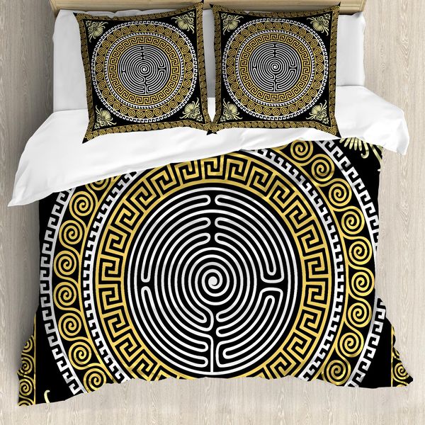Abakuhaus Copripiumino Greek Key, Classico Filigranato, Antiacaro, Adatto A Chi Soffre Di Allergie, Con Federe, 155 Cm X 220 Cm - 80 X 80 Cm, Giallo Pallido, Bianco, Nero-image