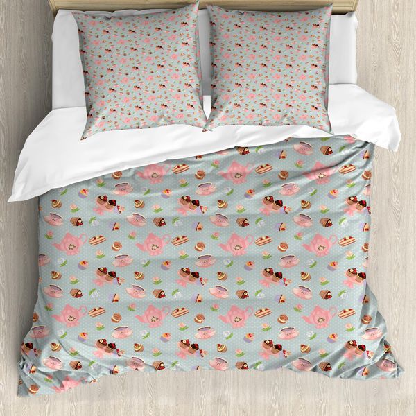 Abakuhaus Copripiumino Tea Party, Fiori E Pasticcini, Antiacaro E Anallergico, Con Federe, 155 Cm X 220 Cm - 80 X 80 Cm, Multicolore-image