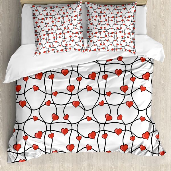 Abakuhaus Copripiumino Valentines, Cuori Geometrici, Antiacaro, Adatto A Chi Soffre Di Allergie, Con Federe, 200 Cm X 200 Cm - 80 X 80 Cm, Rosso, Nero, Bianco-image