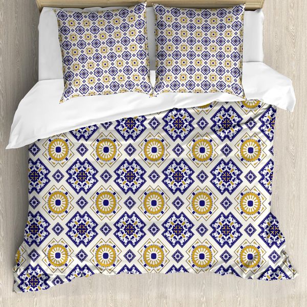 Abakuhaus Copripiumino Vintage, Victorian Geometric, Antiacaro E Anallergico, Con Federe, 155 Cm X 220 Cm - 80 X 80 Cm, Terra Giallo Blu Scuro-image