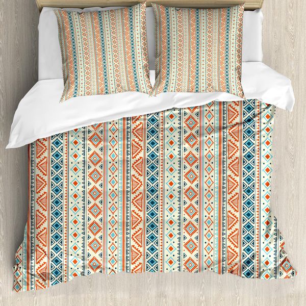 Abakuhaus Copripiumino Africano, Folk Borders, Antiacaro, Adatto A Chi Soffre Di Allergie, Con Federe, 155 Cm X 220 Cm - 80 X 80 Cm, Arancione Blu Giallo Pallido-image
