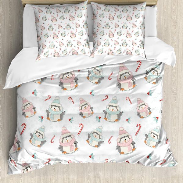 Abakuhaus Copripiumino Zuckerstange, Pinguini Natalizi, Antiacaro, Adatto A Chi Soffre Di Allergie, Con Federe, 155 Cm X 220 Cm - 80 X 80 Cm, Multicolore-image