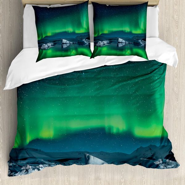 Abakuhaus Alaska Set Copripiumino Per Letti Matrimoniali, Colline Innevate Dell'artico, Antiacaro Adatto A Chi Soffre Di Allergie Con Federe, Verde Lime Blu Notte-image