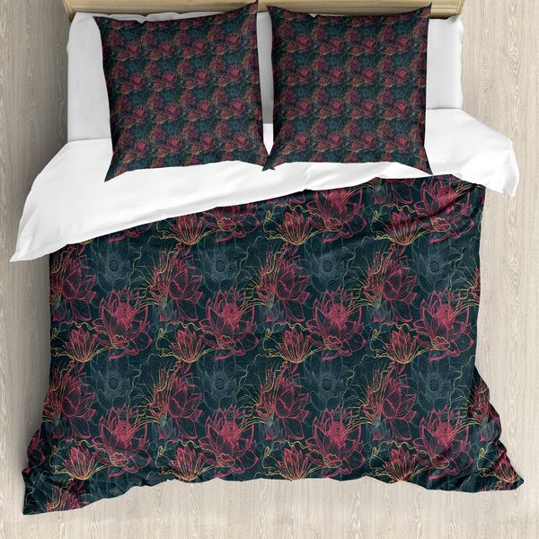 Abakuhaus Copripiumino Lotus, Motivo Floreale Asiatico, Antiacaro, Adatto A Chi Soffre Di Allergie, Con Federe, 200 Cm X 200 Cm - 80 X 80 Cm, Corallo Scuro Blu Ardesia-image