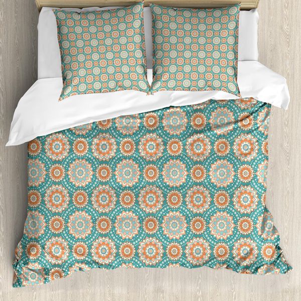 Abakuhaus Set Copripiumino Per Letti Matrimoniali, Motivo Mandala Orientale, Antiacaro, Adatto A Chi Soffre Di Allergie, Con Federe, Azzurro, Beige, Pesca-image