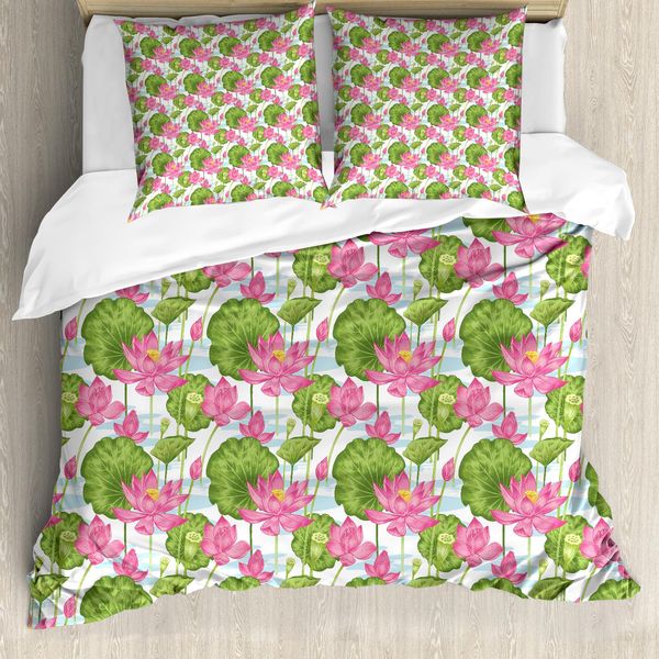 Abakuhaus Set Copripiumino Lotus Per Letti Matrimoniali, Scena Naturale Giapponese, Antiacaro, Adatto A Chi Soffre Di Allergie, Con Federe, Verde Felce, Azzurro, Rosa-image