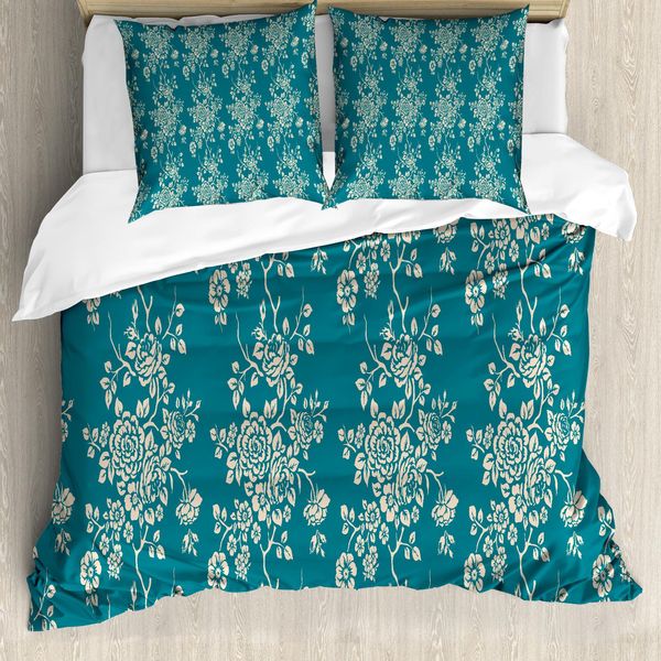 Abakuhaus Copripiumino, Rose Su Rami Fioriti, Antiacaro, Adatto A Chi Soffre Di Allergie, Con Federe, 200 Cm X 200 Cm - 80 X 80 Cm, Beige Verde Acqua-image