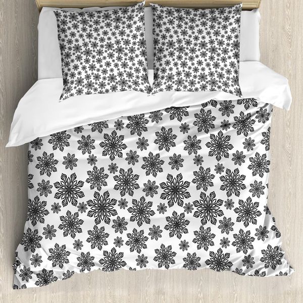 Abakuhaus Copripiumino Snowflake, Monocromatico Invernale, Antiacaro, Adatto A Chi Soffre Di Allergie, Con Federe, 200 Cm X 200 Cm - 80 X 80 Cm, Bianco E Nero-image