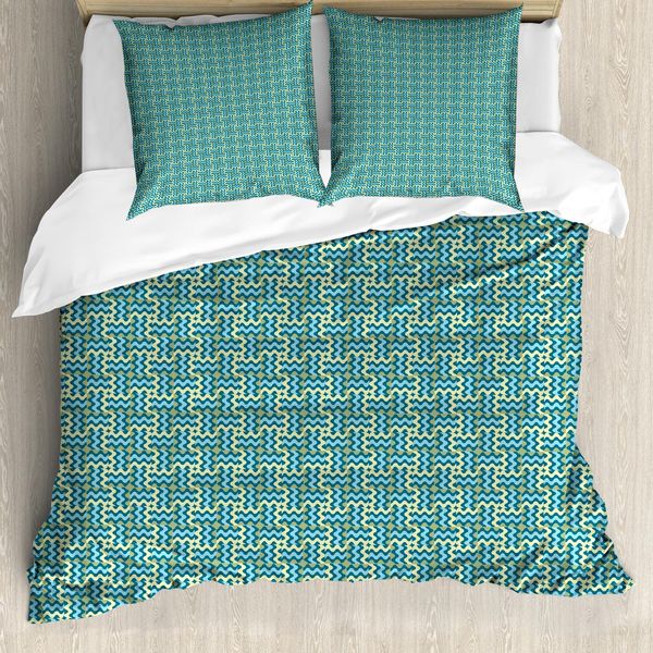 Abakuhaus Copripiumino Astratto, Linee Ondulate Vintage, Antiacaro, Adatto A Chi Soffre Di Allergie, Con Federe, 155 Cm X 220 Cm - 80 X 80 Cm, Verde Chiaro Azzurro-image